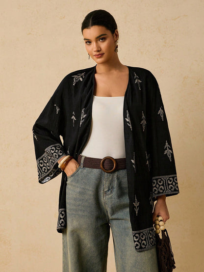 Travachic Plus Size Casual Geometric Pattern Loose Cardigan Shirt For Women, Autumn Fall