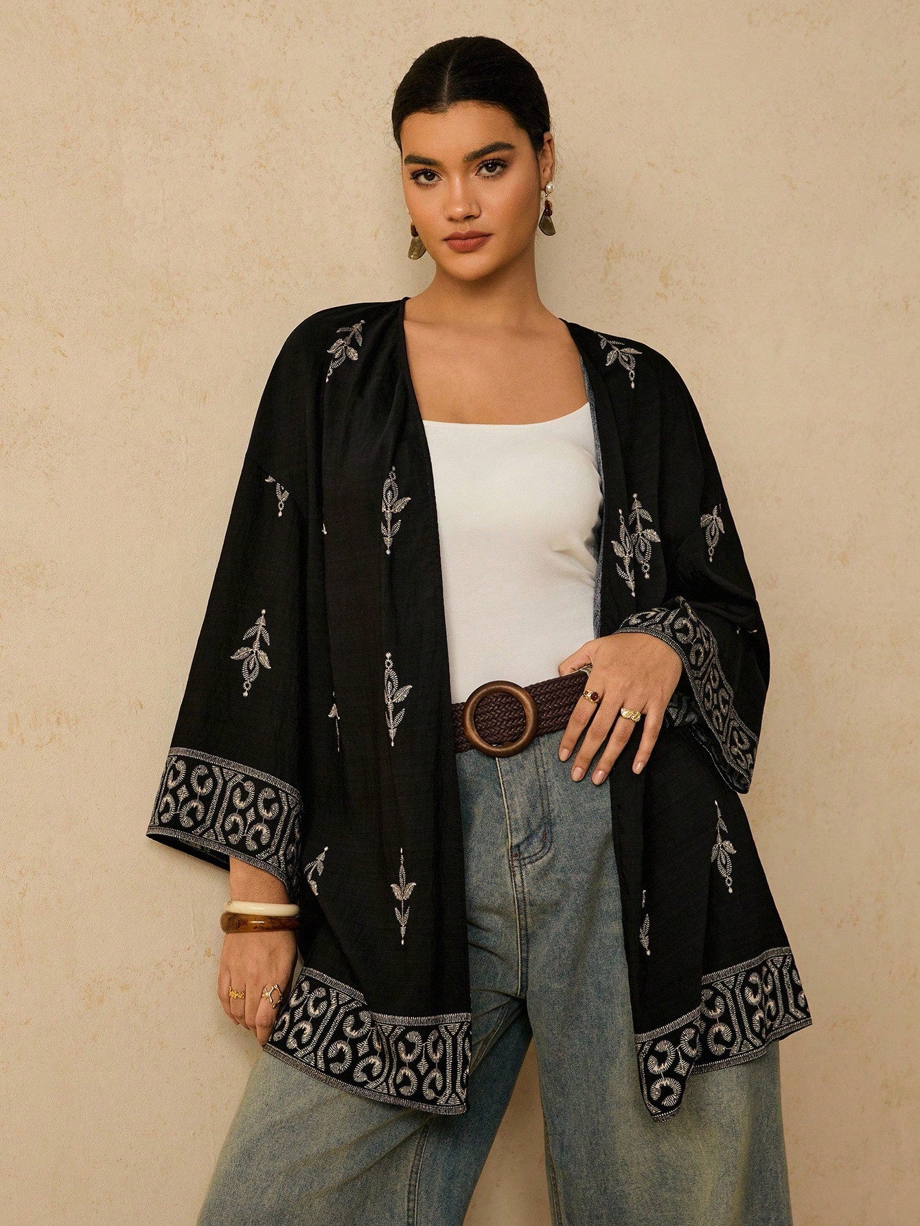Travachic Plus Size Casual Geometric Pattern Loose Cardigan Shirt For Women, Autumn Fall
