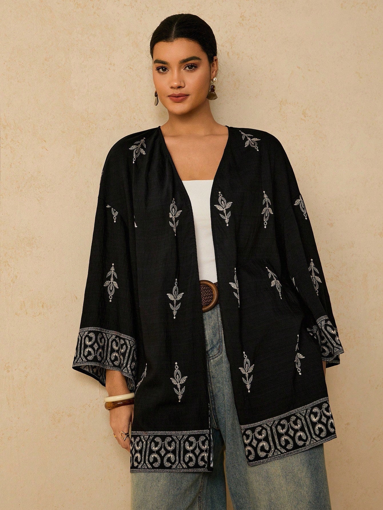 Travachic Plus Size Casual Geometric Pattern Loose Cardigan Shirt For Women, Autumn Fall