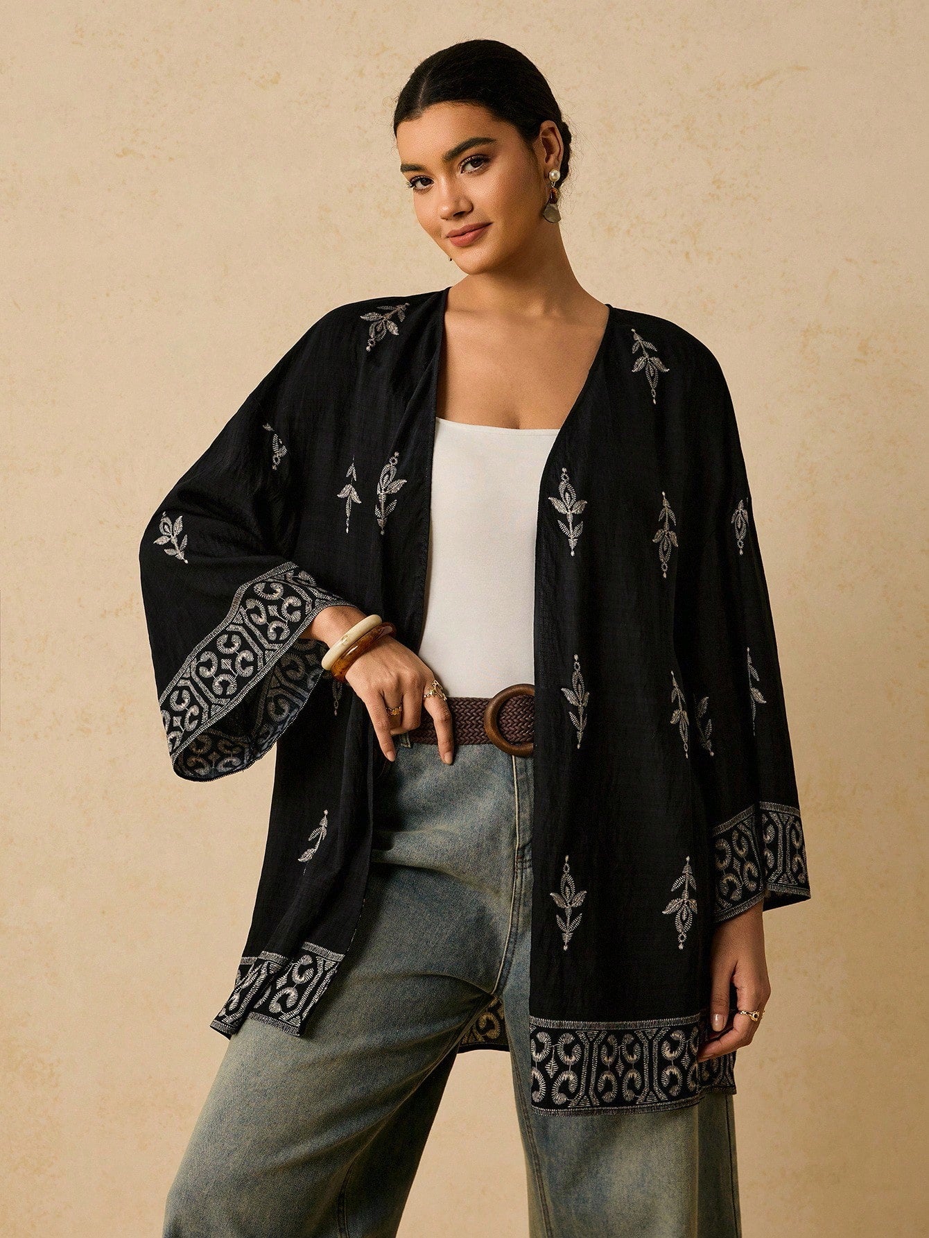 Travachic Plus Size Casual Geometric Pattern Loose Cardigan Shirt For Women, Autumn Fall