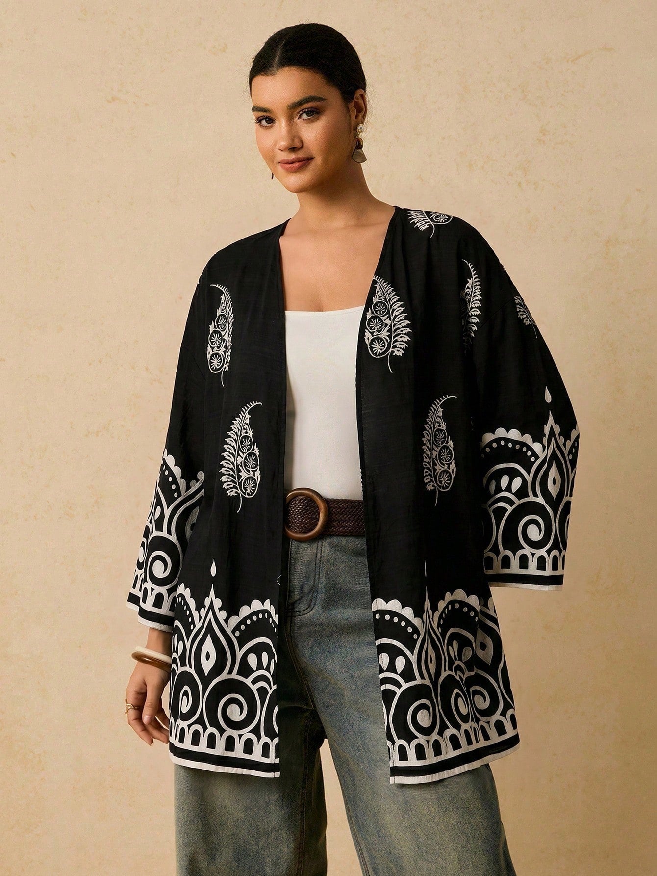 Travachic Plus Size Casual Geometric Pattern Loose Cardigan Shirt For Women, Autumn Fall