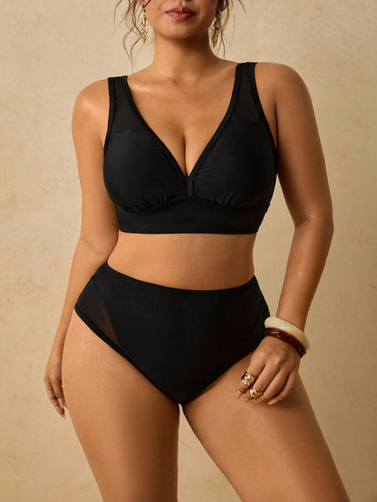 Travachic Plus Size Women's Black V-Neck High Waist Slimming Beach Bikini Set Bathing Suits For Women Summer Sexy