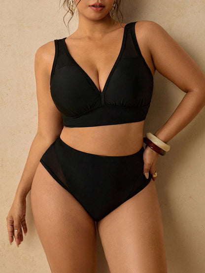 Travachic Plus Size Women's Black V-Neck High Waist Slimming Beach Bikini Set Bathing Suits For Women Summer Sexy
