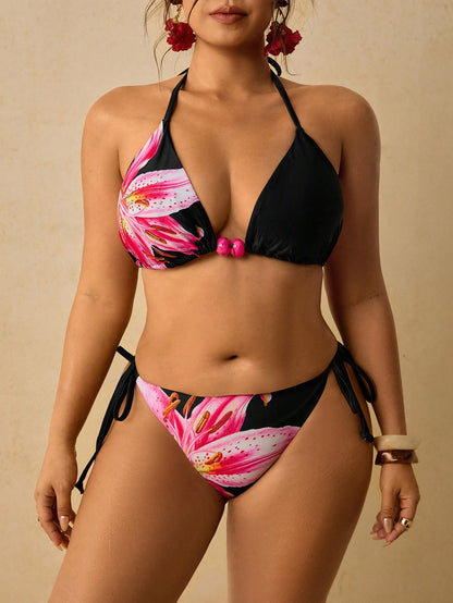 Travachic Tropical Leaf Print Triangle Bikini Set Halter Top With White Ring Detail And Side-Tie Low-Rise Bottoms Summer Beach Sexy Women's Swimwear