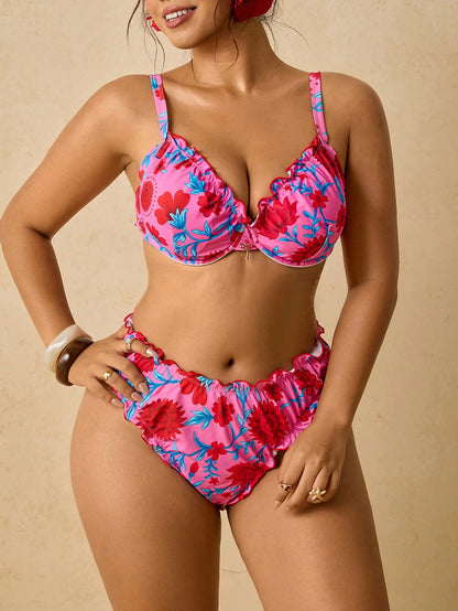 Travachic Women's Plus Size Hot Pink Floral Underwire Bikini Set,Push Up Scalloped Trim High Waisted Tummy Control Two Pieces Swimsuit Summer Boho Beach Holiday