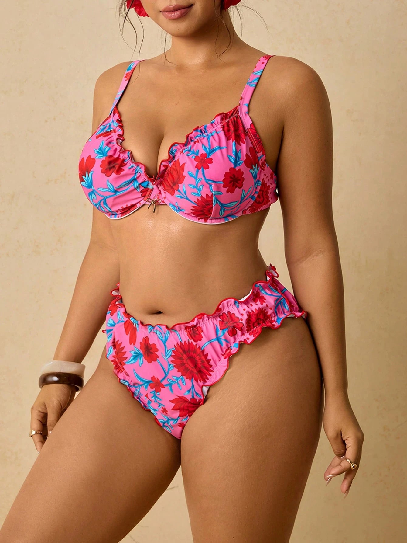 Travachic Women's Plus Size Hot Pink Floral Underwire Bikini Set,Push Up Scalloped Trim High Waisted Tummy Control Two Pieces Swimsuit Summer Boho Beach Holiday