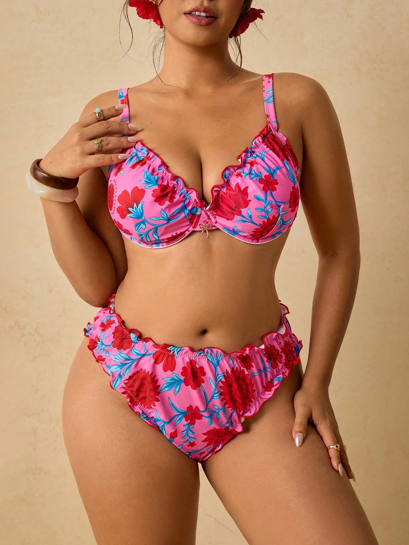 Travachic Women's Plus Size Hot Pink Floral Underwire Bikini Set,Push Up Scalloped Trim High Waisted Tummy Control Two Pieces Swimsuit Summer Boho Beach Holiday