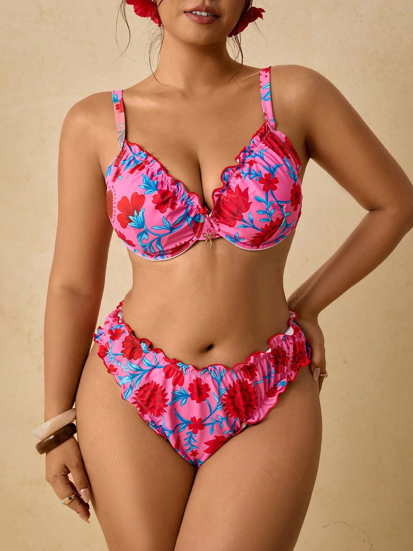 Travachic Women's Plus Size Hot Pink Floral Underwire Bikini Set,Push Up Scalloped Trim High Waisted Tummy Control Two Pieces Swimsuit Summer Boho Beach Holiday