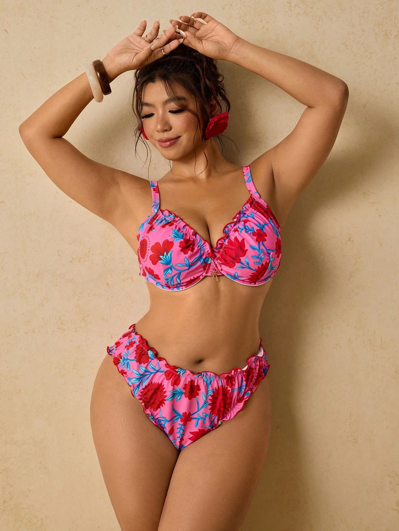 Travachic Women's Plus Size Hot Pink Floral Underwire Bikini Set,Push Up Scalloped Trim High Waisted Tummy Control Two Pieces Swimsuit Summer Boho Beach Holiday