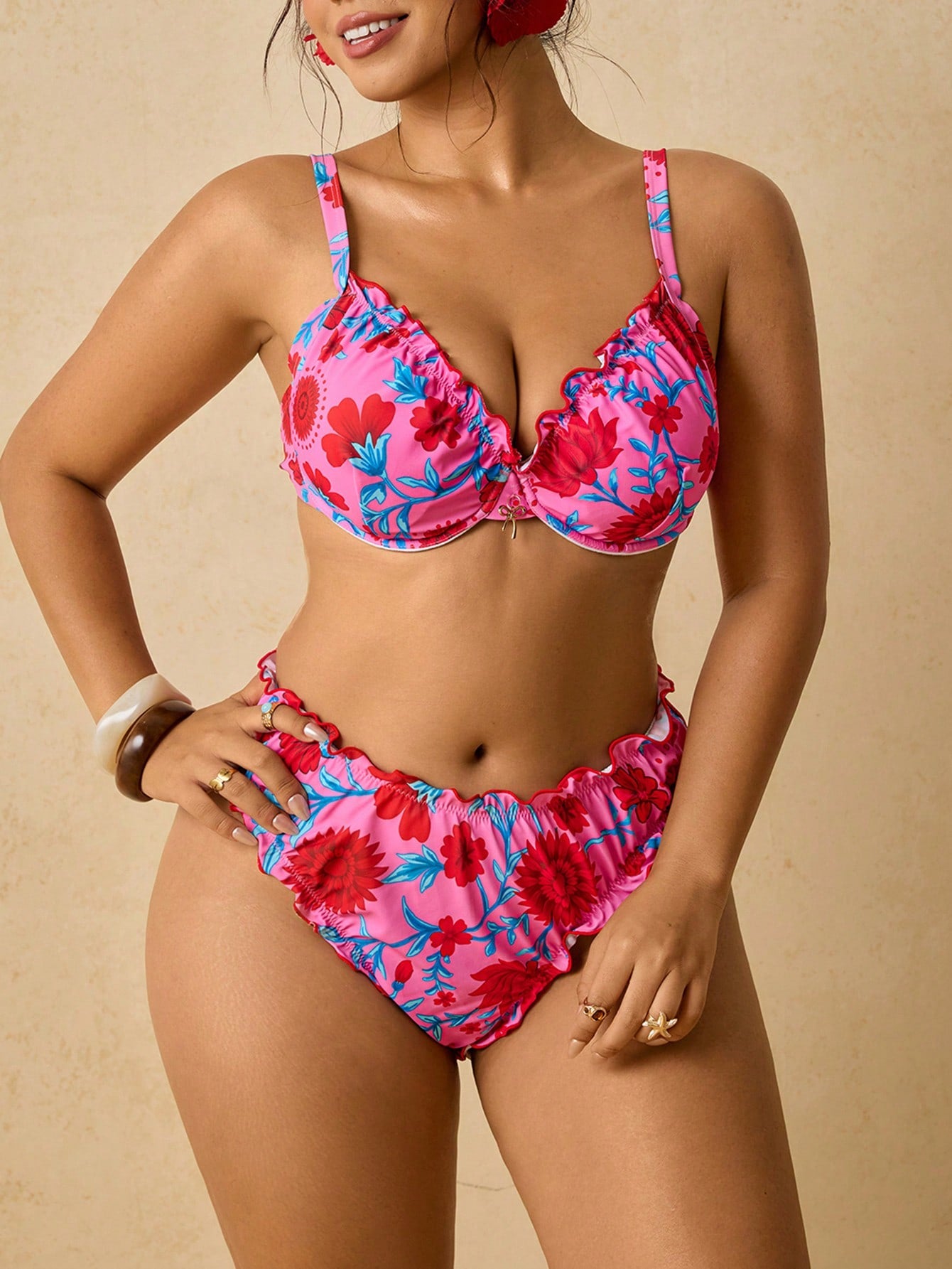 Travachic Women's Plus Size Hot Pink Floral Underwire Bikini Set,Push Up Scalloped Trim High Waisted Tummy Control Two Pieces Swimsuit Summer Boho Beach Holiday