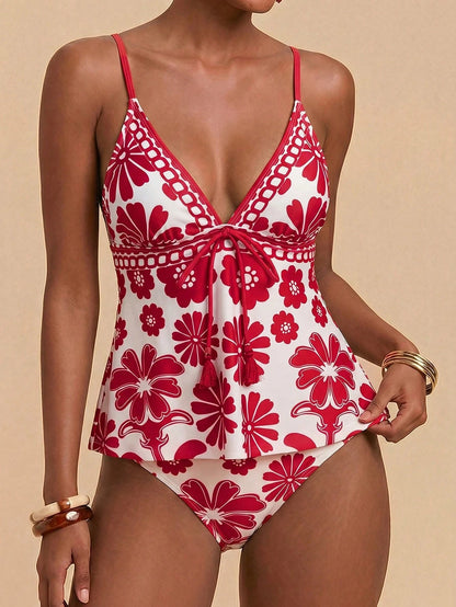 Travachic Women's Summer Beach Floral Print Front Tie Strap Tankini Set