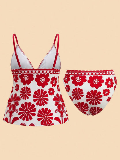 Travachic Women's Summer Beach Floral Print Front Tie Strap Tankini Set