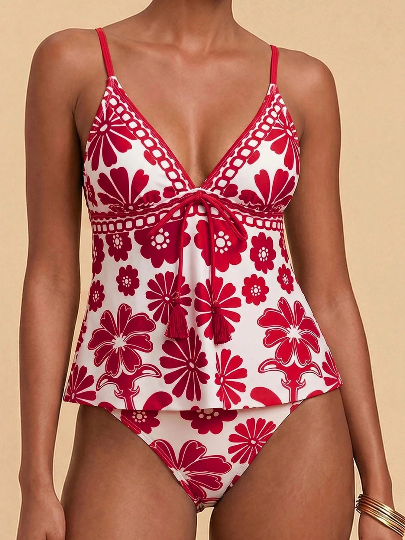 Travachic Women's Summer Beach Floral Print Front Tie Strap Tankini Set