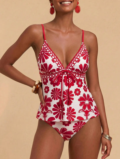 Travachic Women's Summer Beach Floral Print Front Tie Strap Tankini Set
