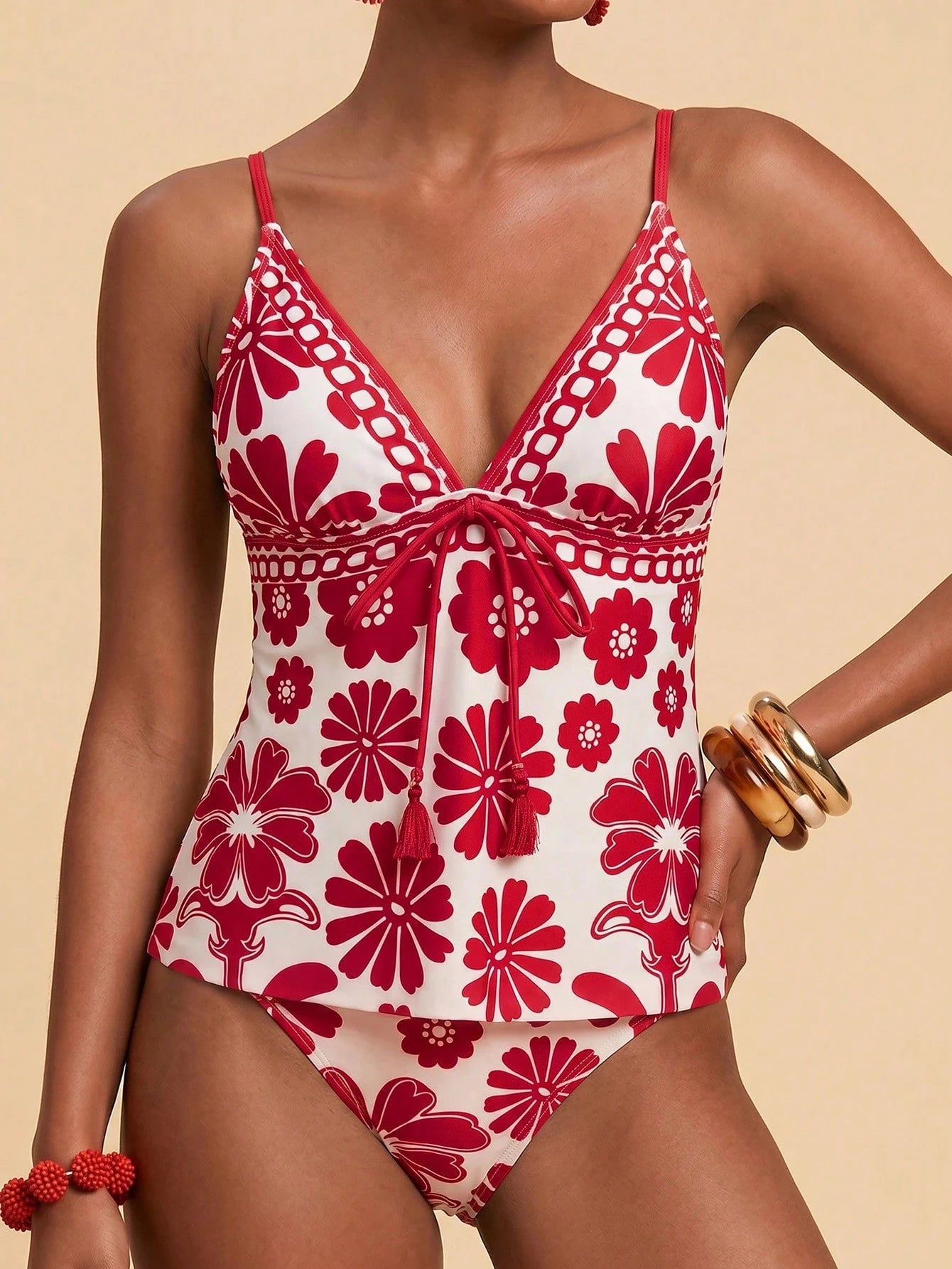 Travachic Women's Summer Beach Floral Print Front Tie Strap Tankini Set
