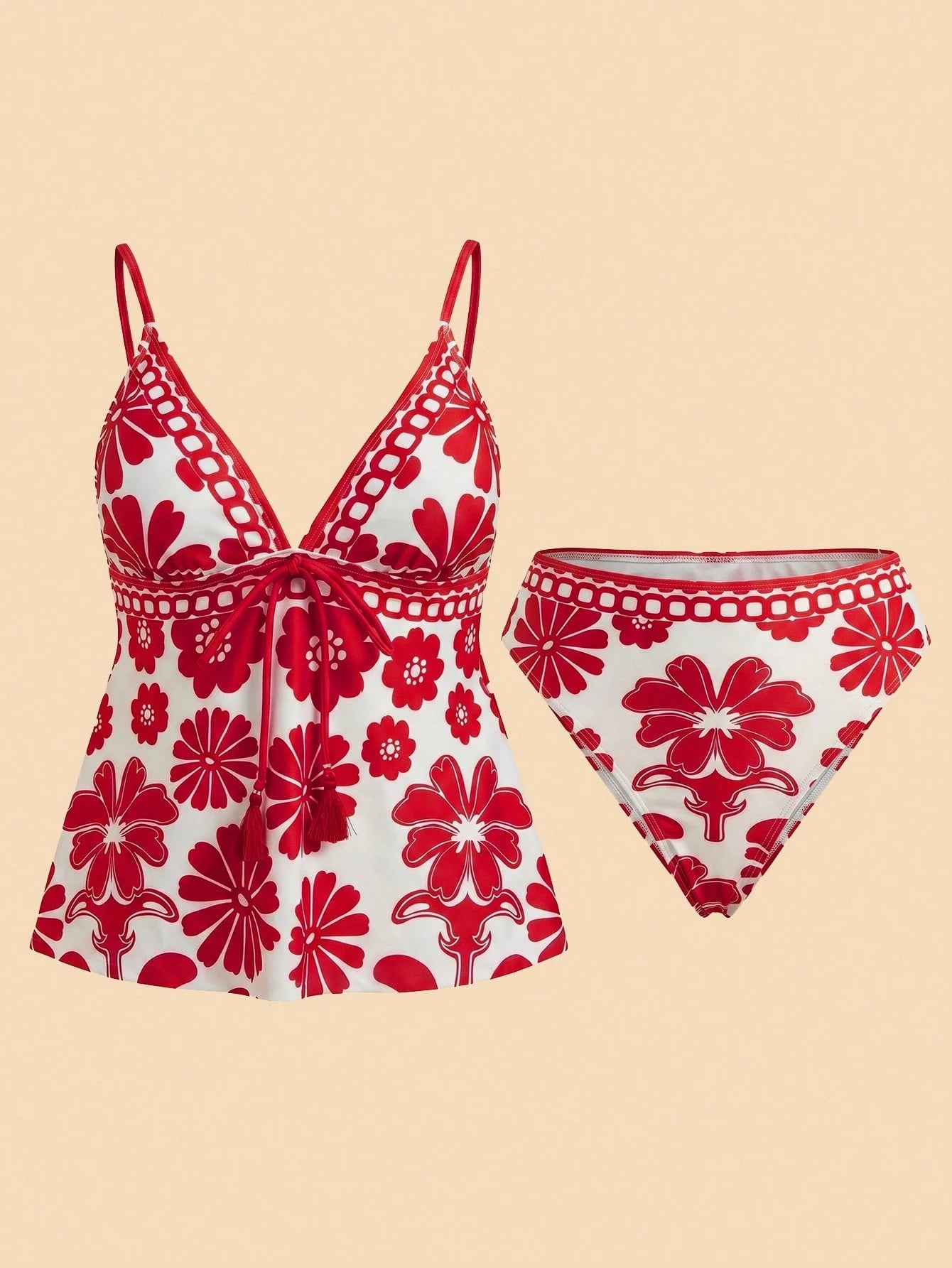 Travachic Women's Summer Beach Floral Print Front Tie Strap Tankini Set