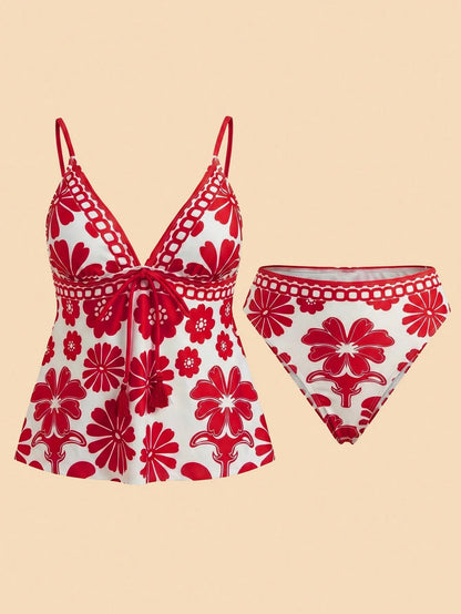 Travachic Women's Summer Beach Floral Print Front Tie Strap Tankini Set