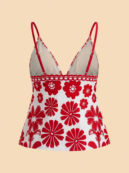 Travachic Women's Summer Beach Floral Print Front Tie Strap Tankini Set