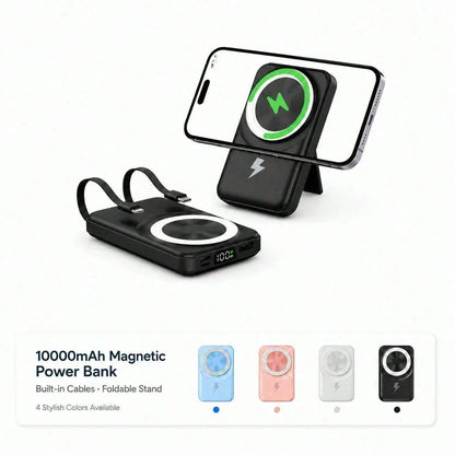 Travel-Ready White 10000mAh Magnetic Battery Pack With 15W Wireless And 22.5W Fast Charging, With Clear LED Power Level Readout, Circular Green Pad And Rear Stand For Upright Viewing, Compatible With