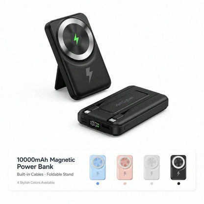 Travel-Ready White 10000mAh Magnetic Battery Pack With 15W Wireless And 22.5W Fast Charging, With Clear LED Power Level Readout, Circular Green Pad And Rear Stand For Upright Viewing, Compatible With