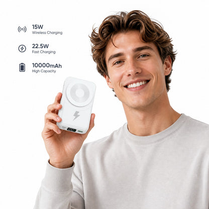 Travel-Ready White 10000mAh Magnetic Battery Pack With 15W Wireless And 22.5W Fast Charging, With Clear LED Power Level Readout, Circular Green Pad And Rear Stand For Upright Viewing, Compatible With