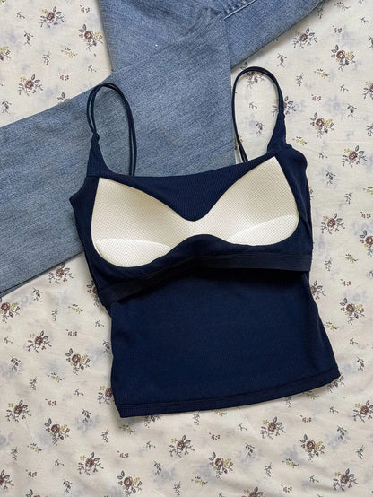 Tseoso Women's 3-Pack Ribbed Camisole Tops With Built-In Padded Bra,White With Black Polka Dots,Royal Blue,Heather Gray,Summer Casual Everyday Tank Tops,Y2K