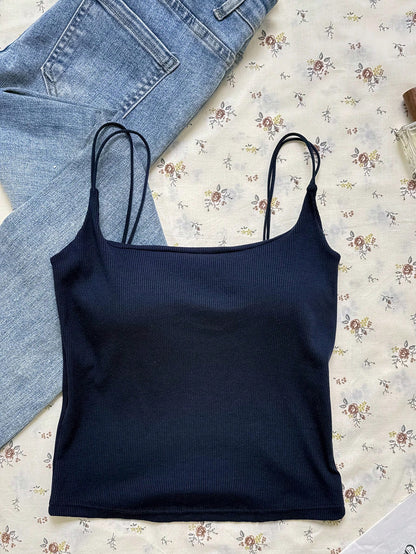 Tseoso Women's 3-Pack Ribbed Camisole Tops With Built-In Padded Bra,White With Black Polka Dots,Royal Blue,Heather Gray,Summer Casual Everyday Tank Tops,Y2K