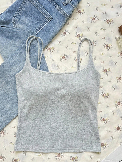 Tseoso Women's 3-Pack Ribbed Camisole Tops With Built-In Padded Bra,White With Black Polka Dots,Royal Blue,Heather Gray,Summer Casual Everyday Tank Tops,Y2K