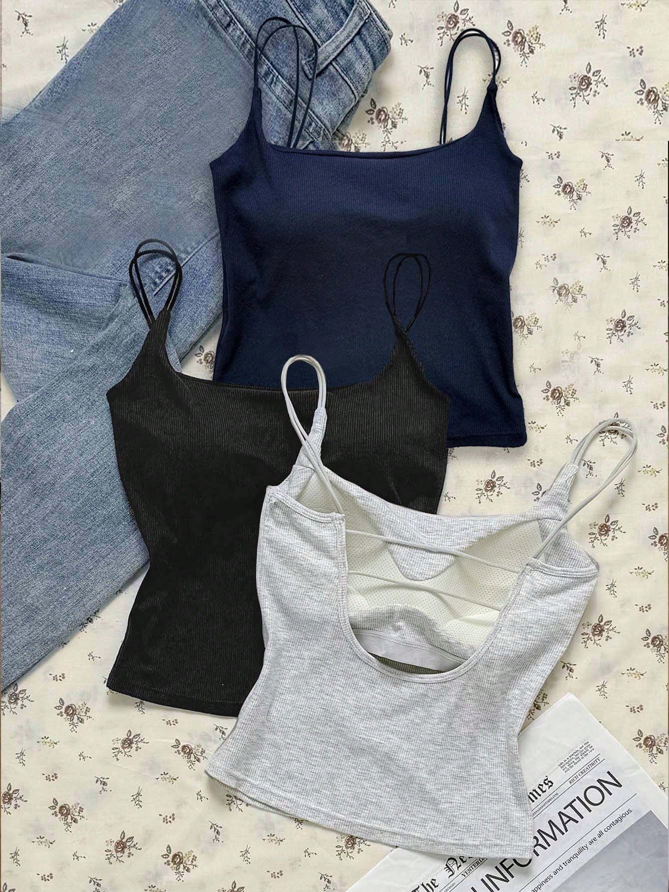 Tseoso Women's 3-Pack Ribbed Camisole Tops With Built-In Padded Bra,White With Black Polka Dots,Royal Blue,Heather Gray,Summer Casual Everyday Tank Tops,Y2K
