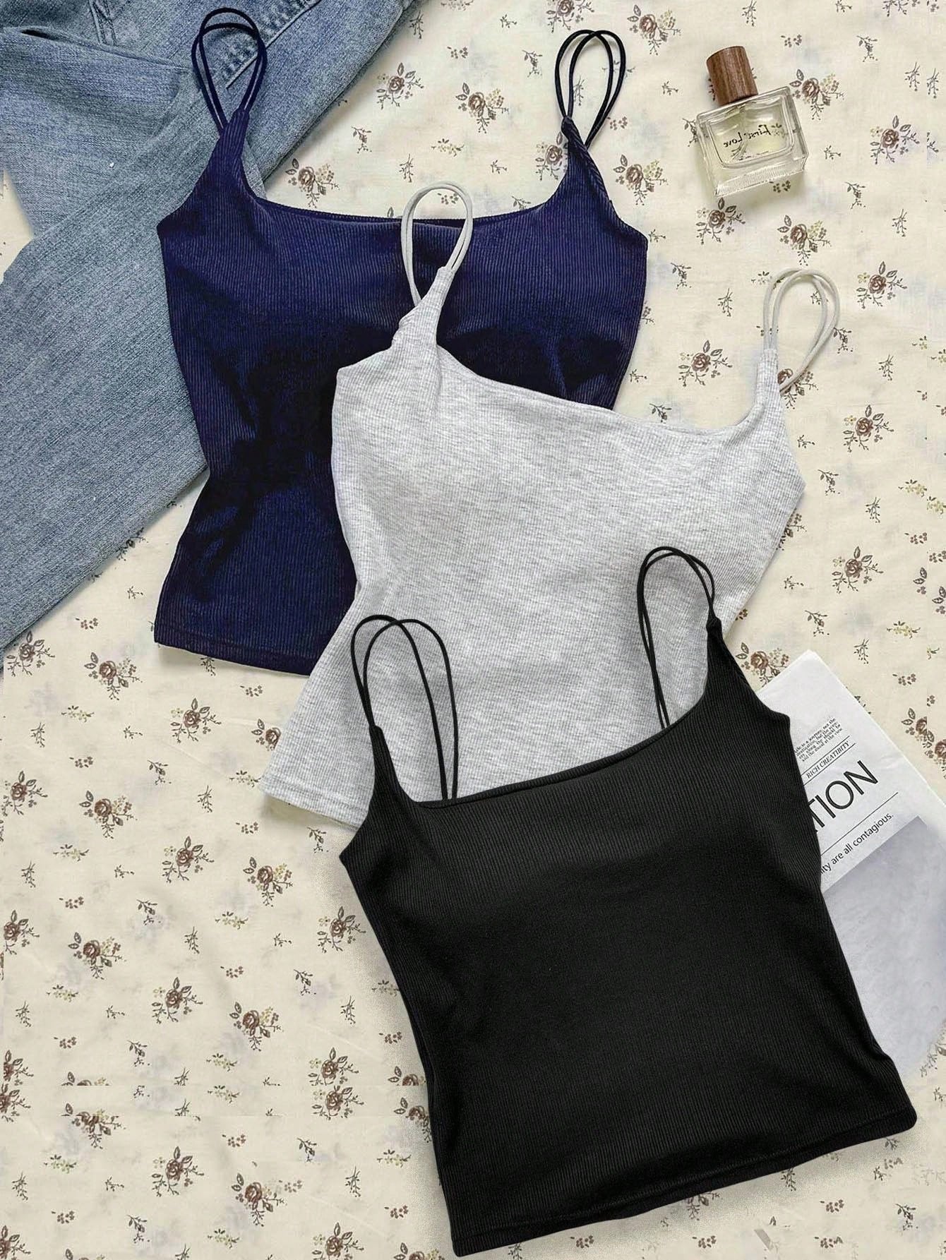 Tseoso Women's 3-Pack Ribbed Camisole Tops With Built-In Padded Bra,White With Black Polka Dots,Royal Blue,Heather Gray,Summer Casual Everyday Tank Tops,Y2K