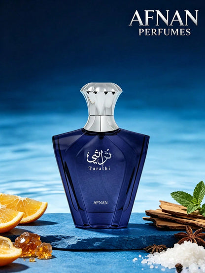 Turathi Blue By Afnan 3.0oz Eau De Parfum, Aromatic Aquatic Fragrance With Citrus & Woody Notes, Comfortable Scent For Men For Daily Wear