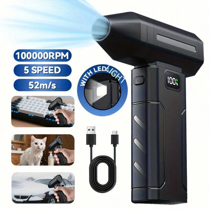 Turbo Jet Fan With Digital Display, 100,000RPM Handheld Cooling Fan, 6-Speed, Portable Electric Duster, Suitable For Car Interior, Keyboard, Electronics, Camping And Outdoor Use, 2600mAh Rechargeable