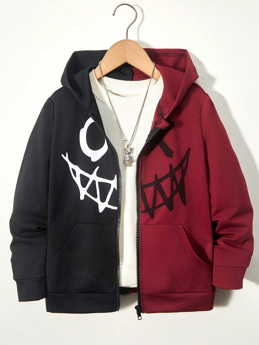 Tween Boy Casual Hooded Knitted Doodle Pattern Sweatshirt Sweatshirt In Patchwork Design For Autumn, School, Campus, College