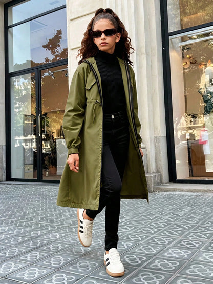 Tween Girl Casual Fashion Loose English Ribbon Hooded Cinched Waist Parka Coat, Military Green Stylish Girl Outerwear, Tween Girl Green Trench Coat, In Fall/Winter