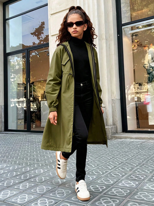 Tween Girl Casual Fashion Loose English Ribbon Hooded Cinched Waist Parka Coat, Military Green Stylish Girl Outerwear, Tween Girl Green Trench Coat, In Fall/Winter