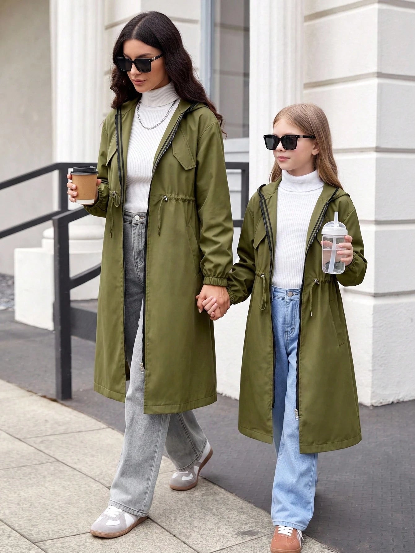 Tween Girl Casual Fashion Loose English Ribbon Hooded Cinched Waist Parka Coat, Military Green Stylish Girl Outerwear, Tween Girl Green Trench Coat, In Fall/Winter