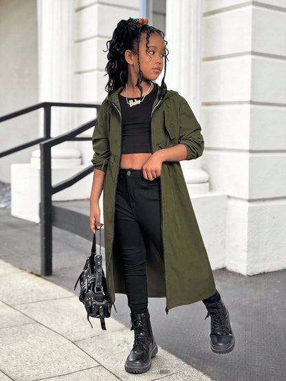 Tween Girl Casual Fashion Loose English Ribbon Hooded Cinched Waist Parka Coat, Military Green Stylish Girl Outerwear, Tween Girl Green Trench Coat, In Fall/Winter