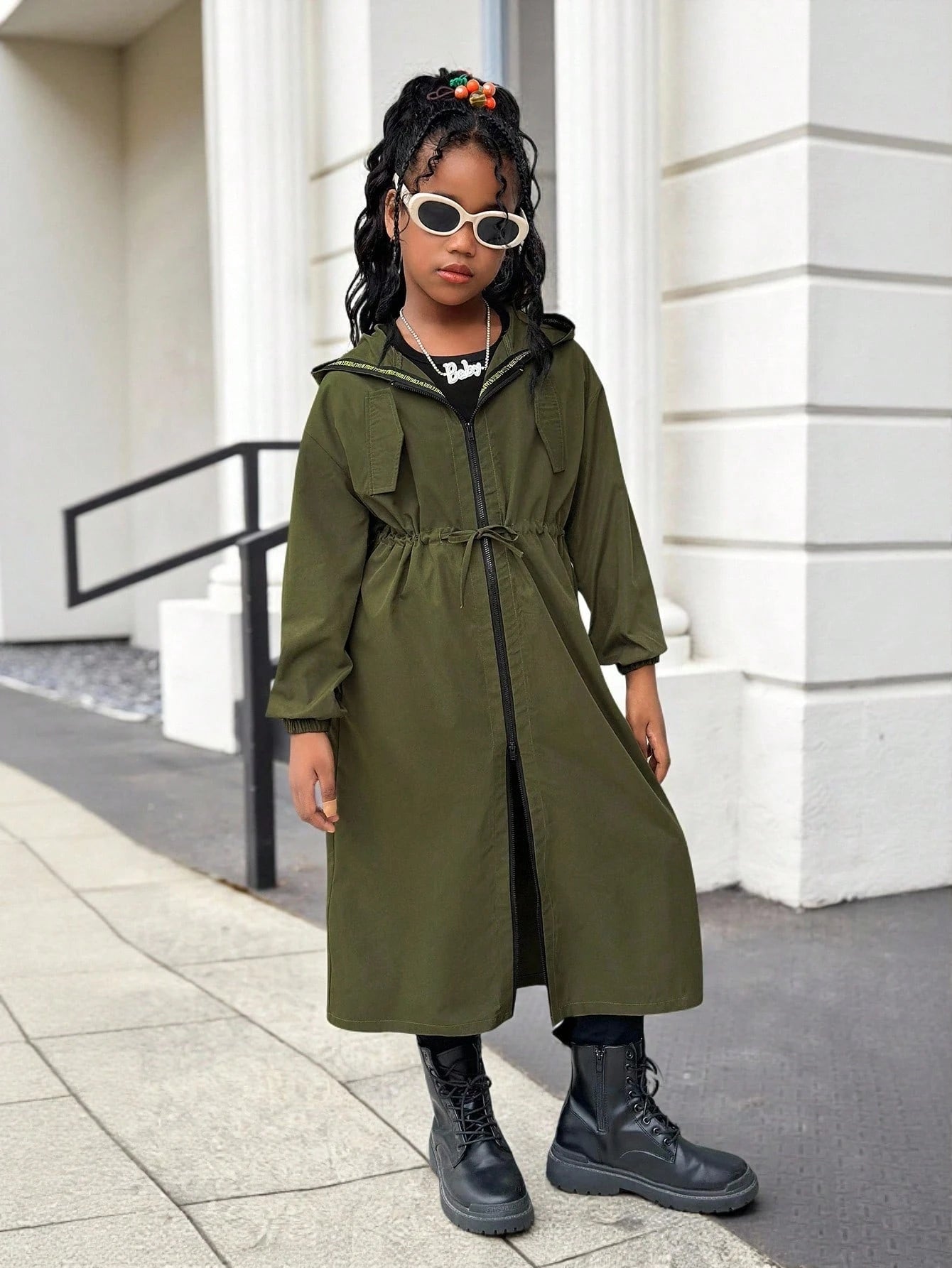 Tween Girl Casual Fashion Loose English Ribbon Hooded Cinched Waist Parka Coat, Military Green Stylish Girl Outerwear, Tween Girl Green Trench Coat, In Fall/Winter