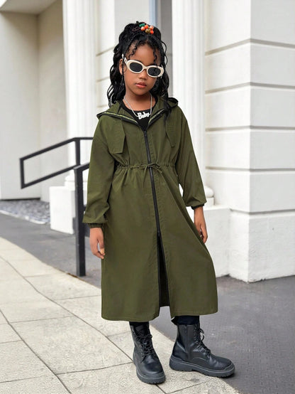 Tween Girl Casual Fashion Loose English Ribbon Hooded Cinched Waist Parka Coat, Military Green Stylish Girl Outerwear, Tween Girl Green Trench Coat, In Fall/Winter
