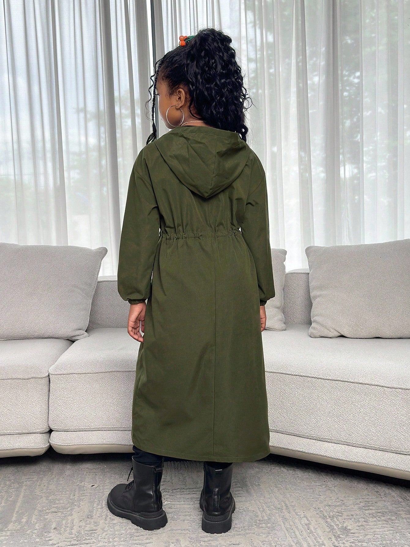 Tween Girl Casual Fashion Loose English Ribbon Hooded Cinched Waist Parka Coat, Military Green Stylish Girl Outerwear, Tween Girl Green Trench Coat, In Fall/Winter