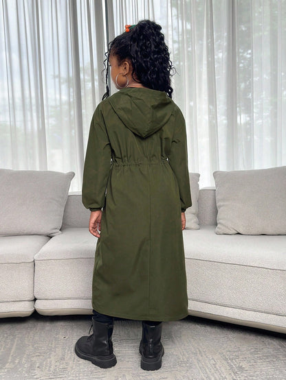 Tween Girl Casual Fashion Loose English Ribbon Hooded Cinched Waist Parka Coat, Military Green Stylish Girl Outerwear, Tween Girl Green Trench Coat, In Fall/Winter