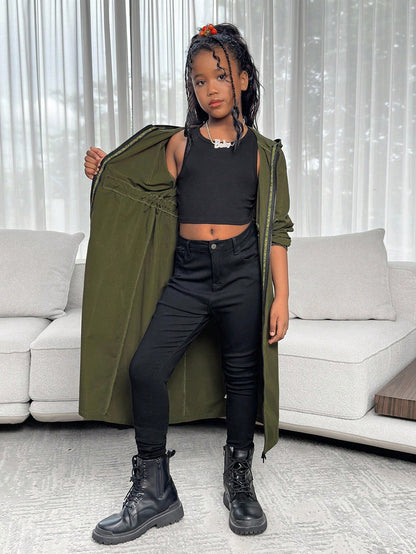 Tween Girl Casual Fashion Loose English Ribbon Hooded Cinched Waist Parka Coat, Military Green Stylish Girl Outerwear, Tween Girl Green Trench Coat, In Fall/Winter