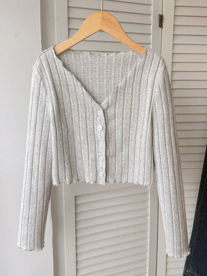 Tween Girl Fuzzy Casual Knit V-Neck Ruffle Trim Button Cardigan Back To School, Black Top, Black Short Cardigan Teenagers, Autumn/Winter Grey Top