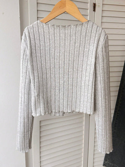 Tween Girl Fuzzy Casual Knit V-Neck Ruffle Trim Button Cardigan Back To School, Black Top, Black Short Cardigan Teenagers, Autumn/Winter Grey Top