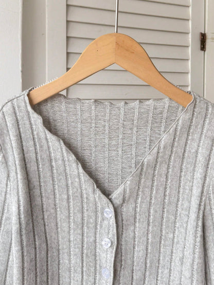Tween Girl Fuzzy Casual Knit V-Neck Ruffle Trim Button Cardigan Back To School, Black Top, Black Short Cardigan Teenagers, Autumn/Winter Grey Top
