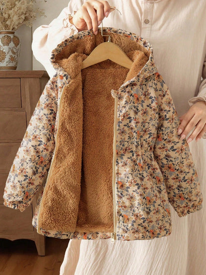 Tween Girls Brown Long Sleeve Casual Fashion Classic Woven Fabric Floral Pattern Hooded Long Zip Up Waist-Cinching Jacket With Contrast Color