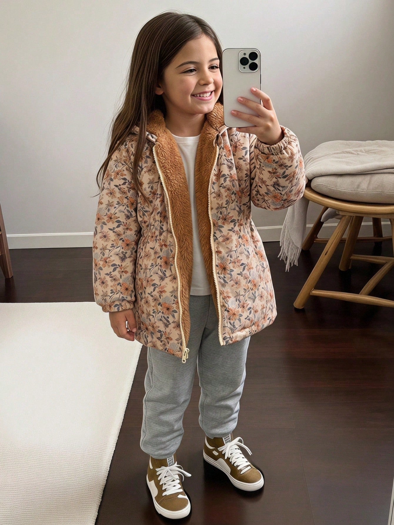 Tween Girls Brown Long Sleeve Casual Fashion Classic Woven Fabric Floral Pattern Hooded Long Zip Up Waist-Cinching Jacket With Contrast Color