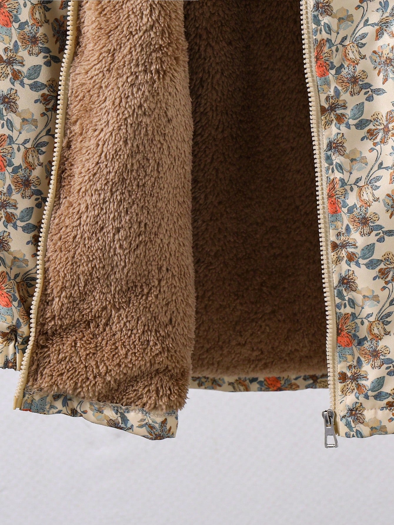 Tween Girls Brown Long Sleeve Casual Fashion Classic Woven Fabric Floral Pattern Hooded Long Zip Up Waist-Cinching Jacket With Contrast Color