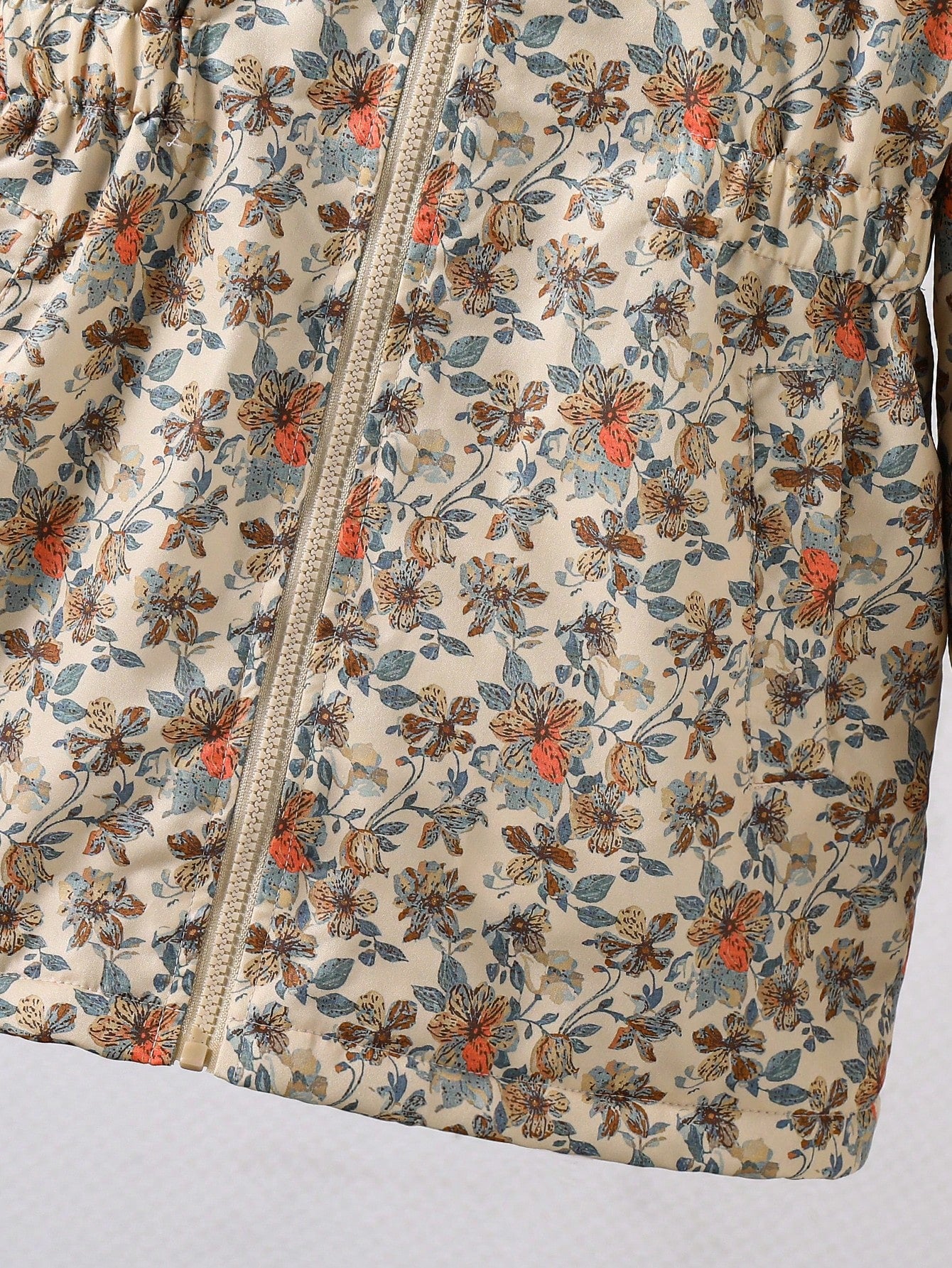 Tween Girls Brown Long Sleeve Casual Fashion Classic Woven Fabric Floral Pattern Hooded Long Zip Up Waist-Cinching Jacket With Contrast Color