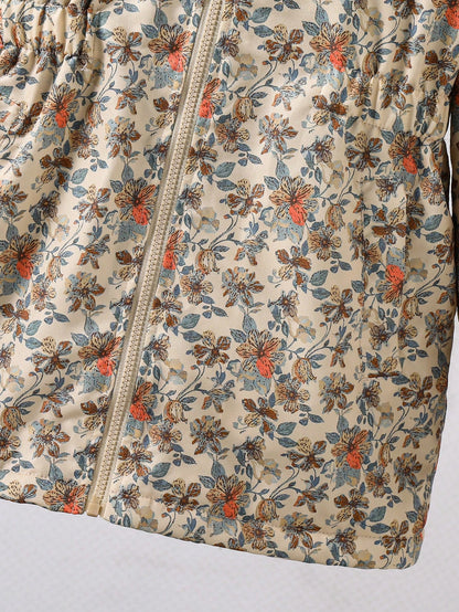 Tween Girls Brown Long Sleeve Casual Fashion Classic Woven Fabric Floral Pattern Hooded Long Zip Up Waist-Cinching Jacket With Contrast Color